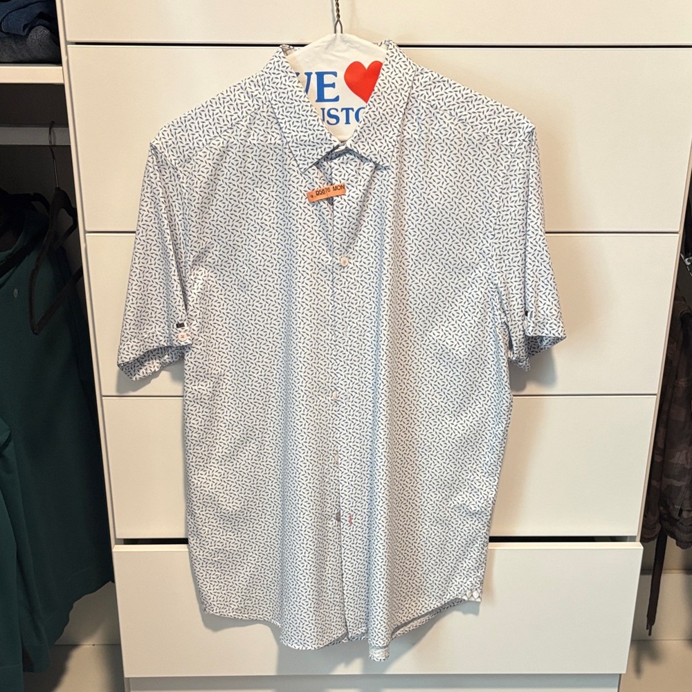 Ted Baker Short-Sleeve Button-Down Shirt - White with Blue Micro Print